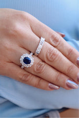18K White Gold Vintage-Inspired Oval-Cut Sapphire & Diamond Double Halo Ring, 2.56ct Sapphire & 0.86ct Diamonds, F/G Color, VS2 Clarity