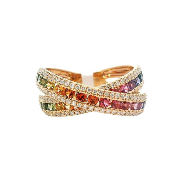 Bold & Elegant 18K Gold Rosé Color Stone Fashion Rings - Diamond Accented Fancy Rainbow Sapphire Criss Cross Band, 1.10 Carats Sapphire & 0.37 Carats Diamond