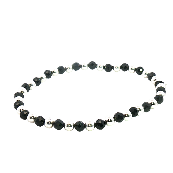 Sterling Silver & Black Agate Bead Bracelet - 7.0 Inch