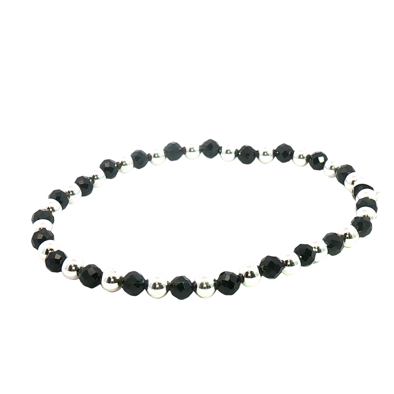 Sterling Silver & Black Agate Bead Bracelet - 7.0 Inch
