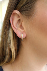 Classic & Contemporary Polished & Brushed 14K Yellow Gold 0.40 Carats Round & Baguette Cut Diamond Semi Hoop Earrings