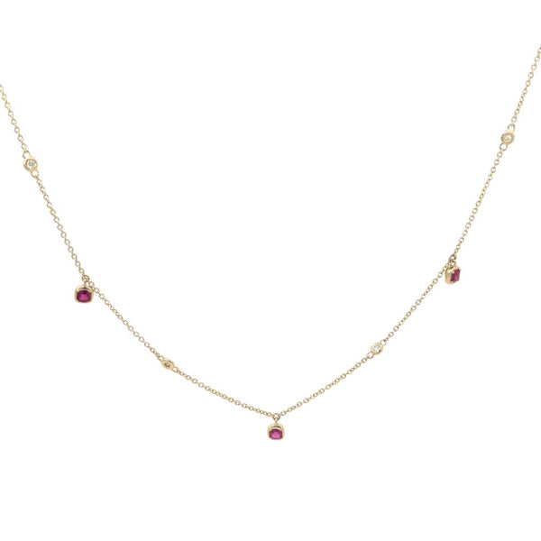 Vibrant 14K Gold Yellow 0.73 Carats Rubies & 0.08 Carats Diamonds Fringe Station Necklace, 18 Inch