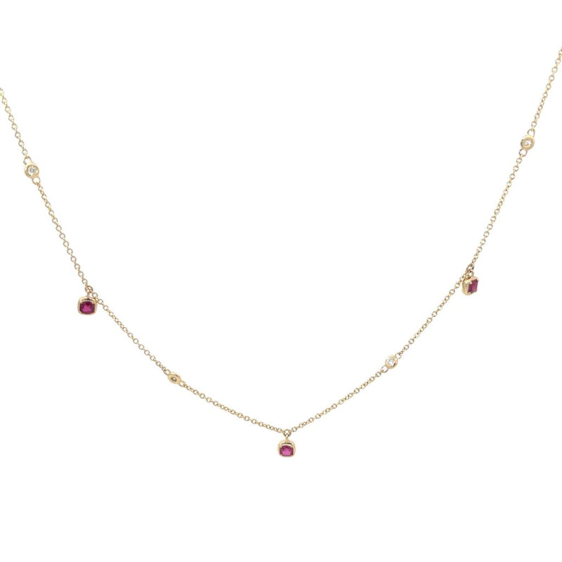 Vibrant 14K Gold Yellow 0.73 Carats Rubies & 0.08 Carats Diamonds Fringe Station Necklace, 18 Inch