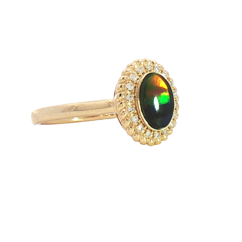 Bold & Elegant 14K Yellow Gold  Oval Cut 0.73 Carats Ammolite & 0.07 Carats Diamond Halo Ring