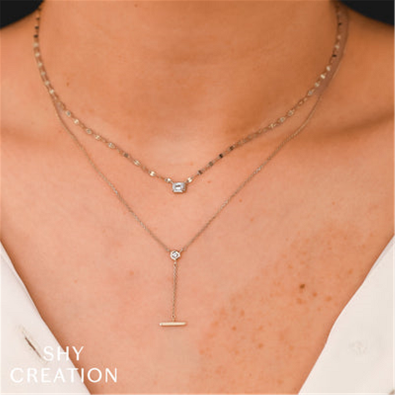 Elegant Diamond Necklace 14K Gold White 0.20 Carats Emerald Cut Diamond Solitaire Pendant Necklace - 18 Inch
