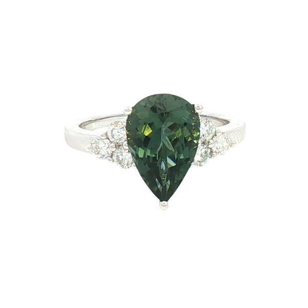 Bold & Elegant 18K White Gold Pear Cut 2.61 Carats Green Tourmaline & 0.39 Carats Diamond Ring
