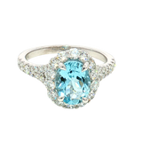 Bold & Elegant 18K White Gold Oval Cut 1.38 Aquamarine & 0.87 Carats Diamond Halo Ring