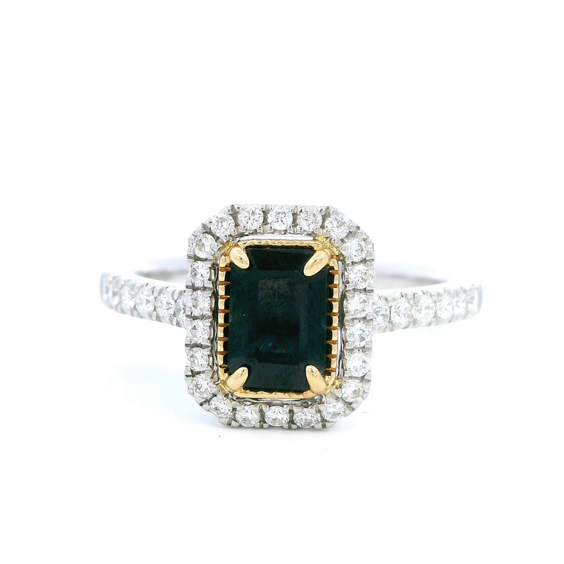 Color Stone Fashion Rings 14K Two-tone White & Yellow 1.07ct Blue Sapphire & 0.32ct Diamond Halo Ring