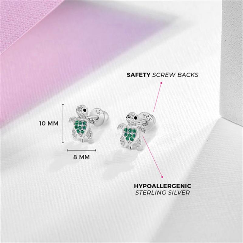 Sterling Silver Adorable Turtle August Birthstone Green CZ Earrings For Children
