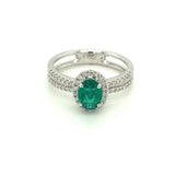 Bold & Elegant 18K White Gold Oval Cut 0.67 Carats Emeral & 0.25 Carats Diamond Halo Ring