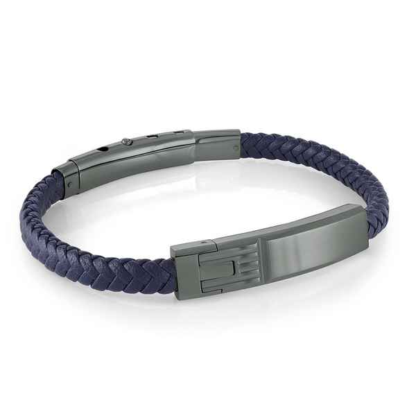 Bold & Stylish Alternative Metal Bracelets Gun Metal Stainless Steel & Blue Leather Bracelet, 7.5 Inch