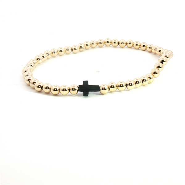 Yellow Gold Filled 4 MM Bead & Black Onyx Cross Bracelet - 8 Inch