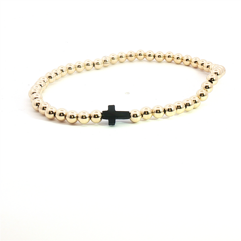 Yellow Gold Filled 4 MM Bead & Black Onyx Cross Bracelet - 8 Inch