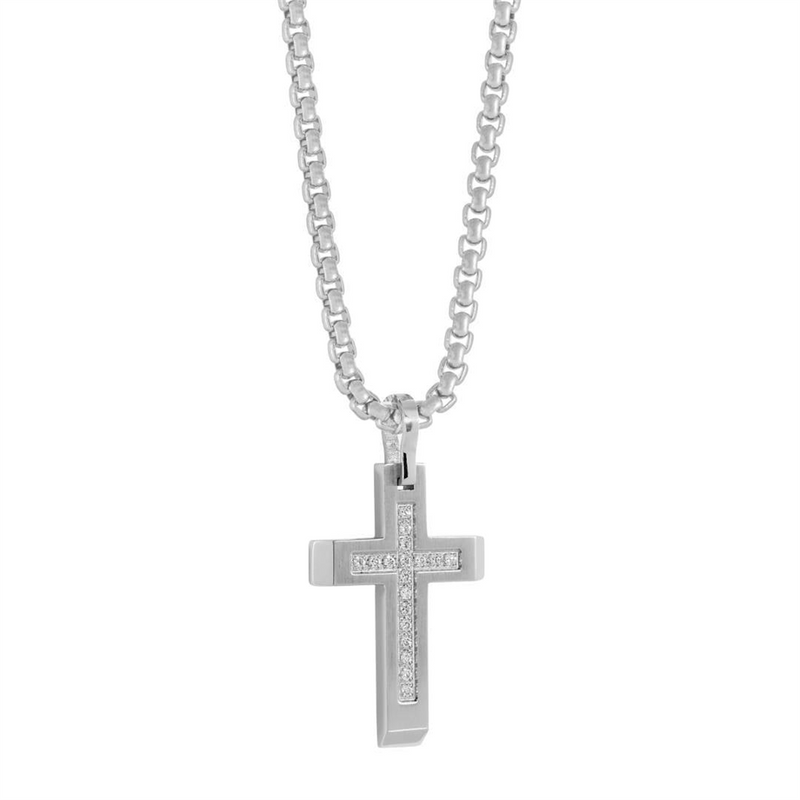 Stainless Steel & White Cubic Zirconium Cross Necklace
