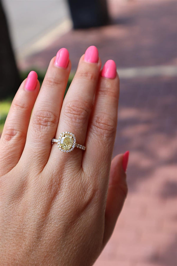 18K Yellow Gold Oval 2.22 Carats Fancy Yellow & Round White Diamond Halo Ring