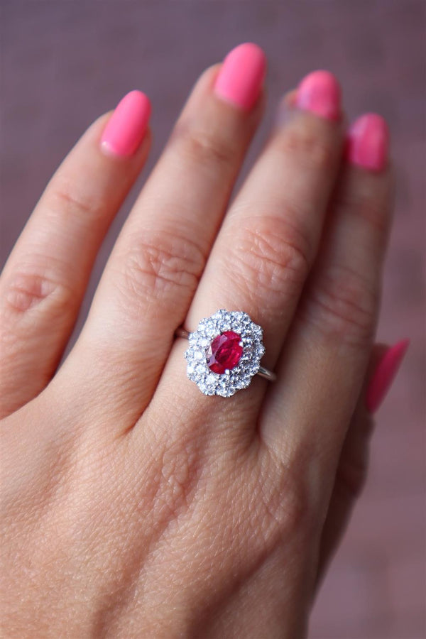 Bold & Elegant 18K White Gold Oval Cut 1.0 Carat Ruby & 0.66 Carats Diamond Double Halo Ring