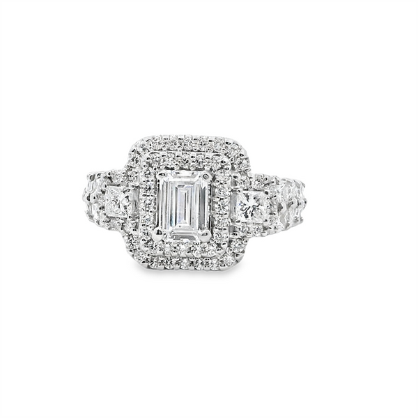14K Gold White Halo 6x5mm Emerald Cut Engagement Ring - 1.08 CTW Diamond