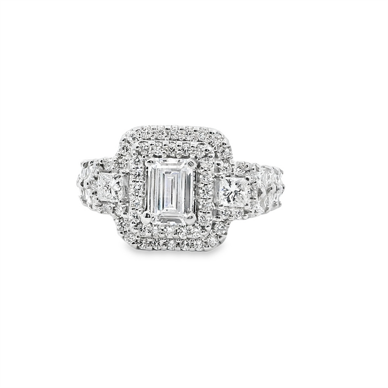 14K Gold White Halo 6x5mm Emerald Cut Engagement Ring - 1.08 CTW Diamond
