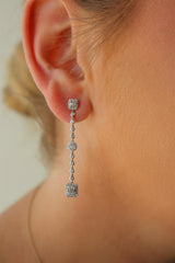 Classic & Contemporary 18K White Gold Tapered Baguette & Round Cut 0.95 Carats Diamond Dangle Earrings