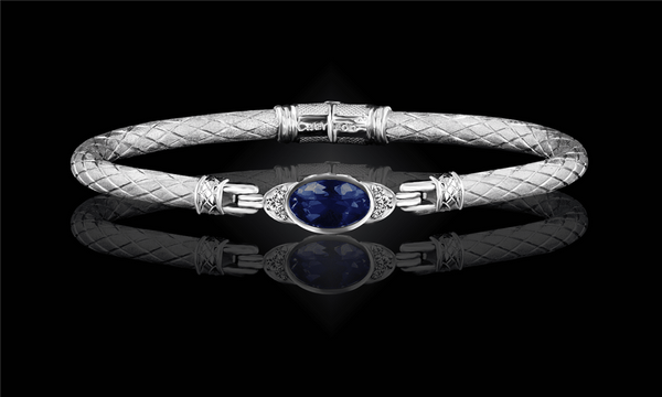 Elegant & Eye Catching Sterling Silver Blue Sapphire & 0.10 Carats Lab Grown Diamond Bangle Bracelet - 6.5 Inch