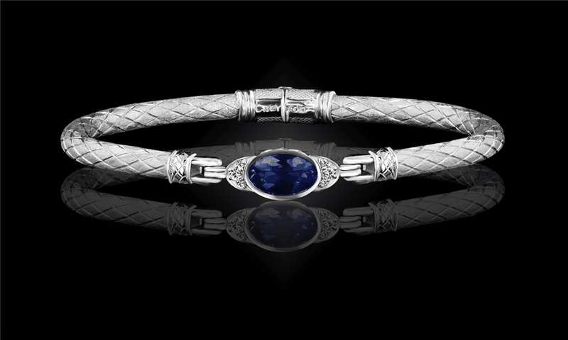 Elegant & Eye Catching Sterling Silver Blue Sapphire & 0.10 Carats Lab Grown Diamond Bangle Bracelet - 6.5 Inch