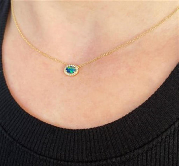 Vibrant Colored Stone Necklaces 14K Yellow Gold 0.33 Carats Opal & 0.05 Carats Diamond Halo Necklace - 18 Inch