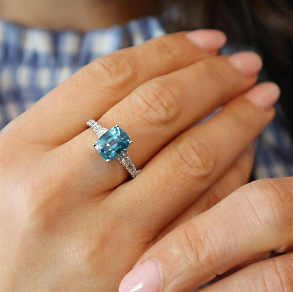 Bold & Elegant 14K White Gold Cushion Cut 3.75 Carats Blue Zircon & 0.29 Carats Diamond Ring