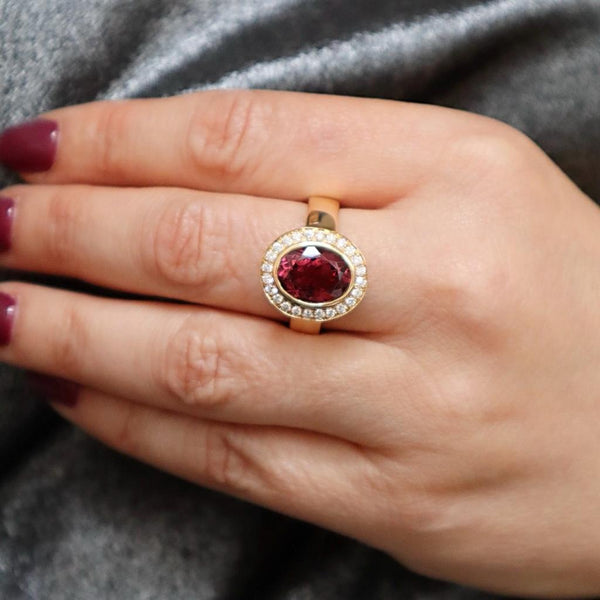 Bold & Elegant 18K Yellow Gold Oval Cut 2.89 Carats Reddish Pink Tourmaline & 0.33 Carats Diamond Halo Ring