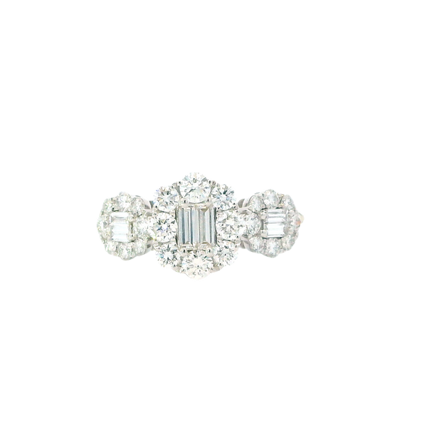 Elegant & Trendy 18K Gold White 1.49 Carats Baguette & Round Diamond Halo Fashion Ring