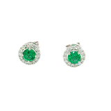 Vibrant Color Stone 18K White Gold Round Cut 0.88 Carats Emerald & 0.28 Carats Diamond Halo Earrings