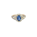 Bold & Elegant 14K Yellow Gold 1.34 Carats Ceylon Blue Sapphire & 0.86 Carats Baguette & Round Halo Ring