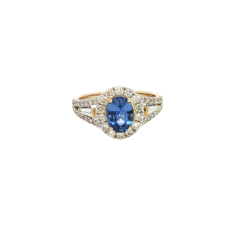 Bold & Elegant 14K Yellow Gold 1.34 Carats Ceylon Blue Sapphire & 0.86 Carats Baguette & Round Halo Ring