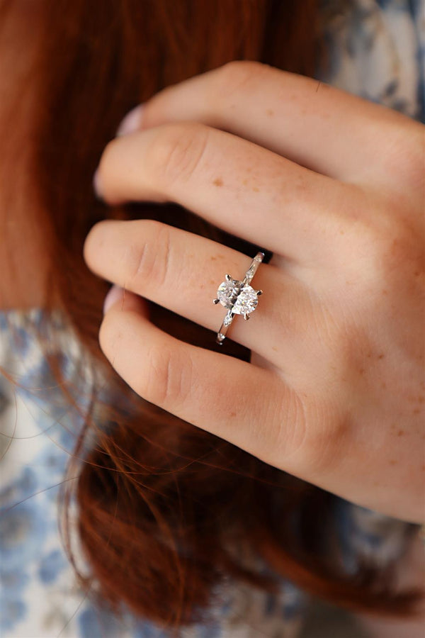 MPJ Exclusive Elegant Diamond Mountings 14K Gold White Diamond Accented Oval 1.50 Carats, 8x6 MM Hidden Halo Engagement Ring - 0.15 Carats Accent Diamonds