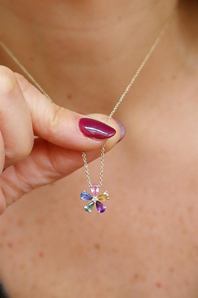 Vibrant Colored Stone Necklaces 14K Yellow Gold 1.13 Carats Sapphires & 0.02 Carats Diamond Floral Necklace, 18 Inch