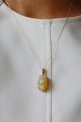 Vibrant Colored Stone Necklaces 14K Gold Yellow 8.91 Carats Opal & 0.13 Carats Diamond Halo Necklace, 18 Inch
