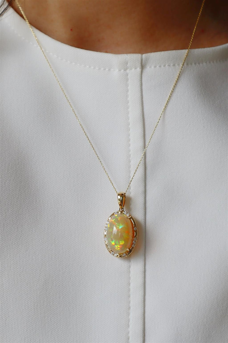Vibrant Colored Stone Necklaces 14K Gold Yellow 8.91 Carats Opal & 0.13 Carats Diamond Halo Necklace, 18 Inch