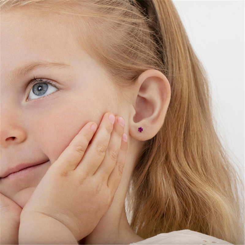 14K White Gold July Birthstone Pink CZ Earrings For Children