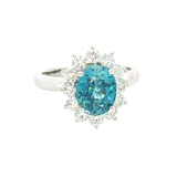 Bold & Elegant 14K White Gold Oval Cut 3.37 Carats Blue Zircon & 0.87 Carats Diamond Halo Ring