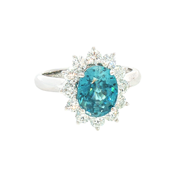 Bold & Elegant 14K White Gold Oval Cut 3.37 Carats Blue Zircon & 0.87 Carats Diamond Halo Ring