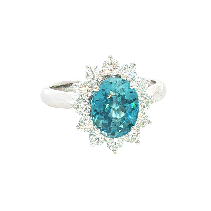 Bold & Elegant 14K White Gold Oval Cut 3.37 Carats Blue Zircon & 0.87 Carats Diamond Halo Ring
