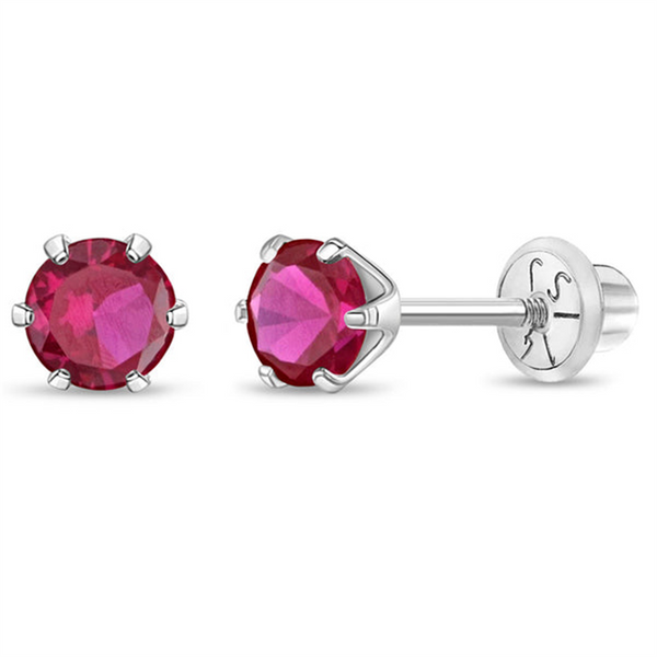 14K White Gold July Birthstone Pink CZ Earrings For Children
