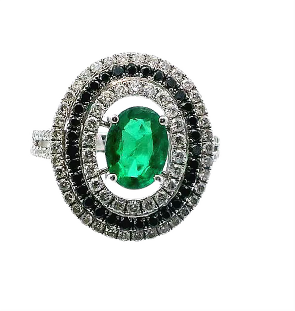 18K White Gold Triple Halo Oval-Cut Emerald & Diamond Ring, 1.13ct Emerald & 0.74ct Round Diamonds, F/G Color, VS2-SI1 Clarity