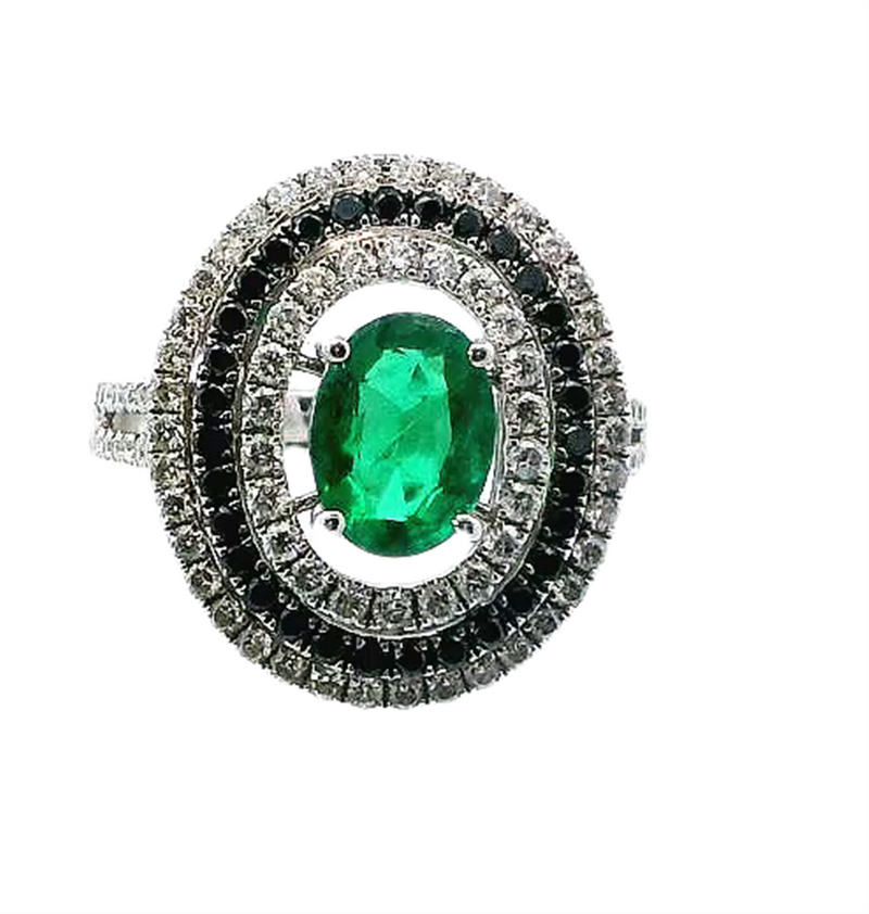 18K White Gold Triple Halo Oval-Cut Emerald & Diamond Ring, 1.13ct Emerald & 0.74ct Round Diamonds, F/G Color, VS2-SI1 Clarity