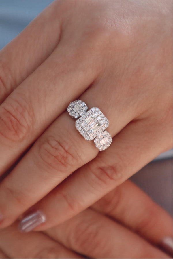 18K White Gold Diamond Fashion Ring, 3-Stone Style with Baguette and Round Diamond Halo, 0.96ct Total Diamond Weight