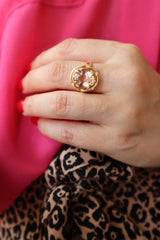 Bold & Elegant 18K Gold Yellow Accented Color Stone Fashion Ring - Oval Cut PinkToumaline 3.64 Carats & Diamond 0.12 Carats