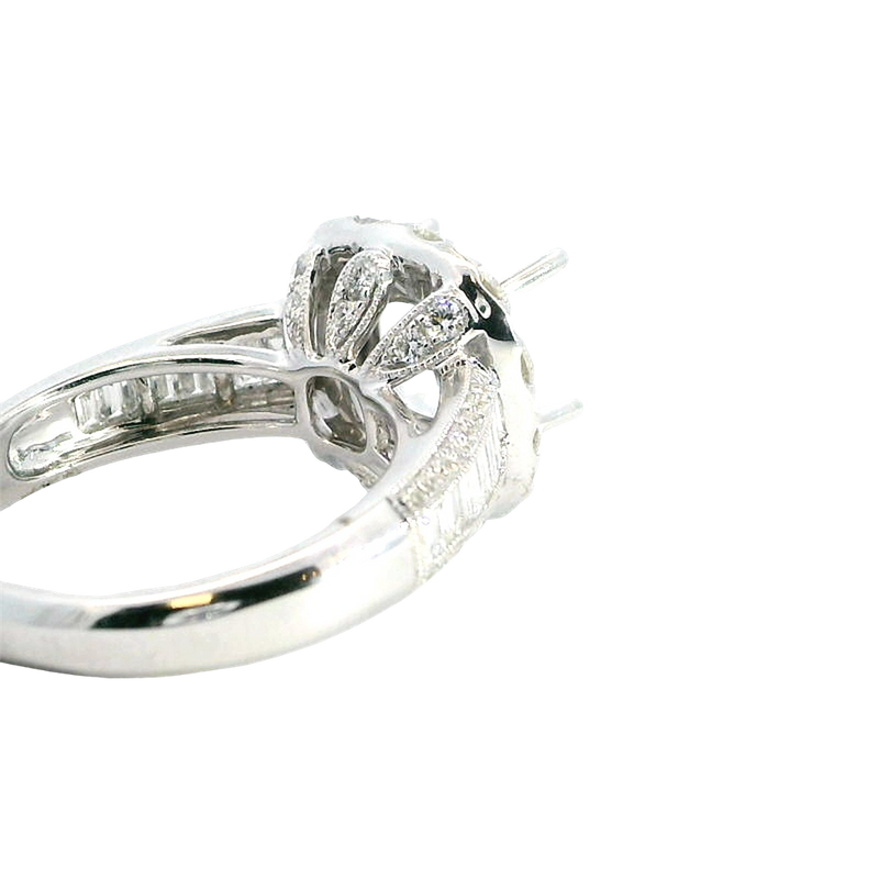 Elegant Diamond Mountings 18K White Gold 6.9mm Square Diamond Halo Semi Mount Ring - 1.52 Carats Baguette & Round Diamond