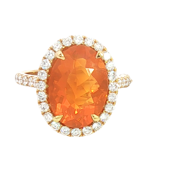 Elegant & Trendy 18K Yellow Gold 3.78 Carats Orange Fire Opal & 0.69 Carats Diamond Halo Ring