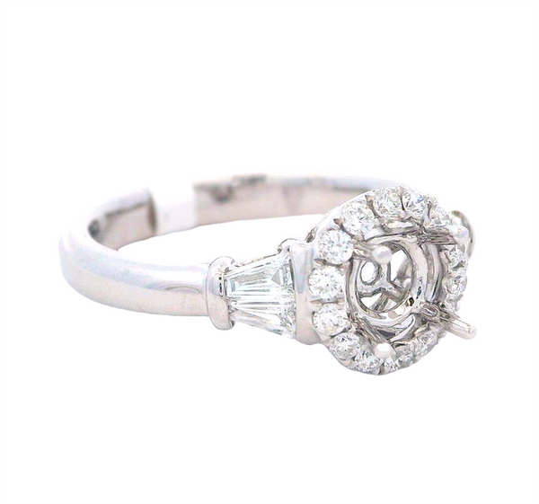 18K White Gold Halo Engagement Ring Setting with Trapezoid Diamonds, 0.44ct