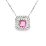 Vibrant Colored Stone Necklaces 18K White & Rosé Gold Square Step Cut 1.09 Carats Pink Sapphire & 0.31 Carats Diamond Double Halo Necklace - 18 Inch