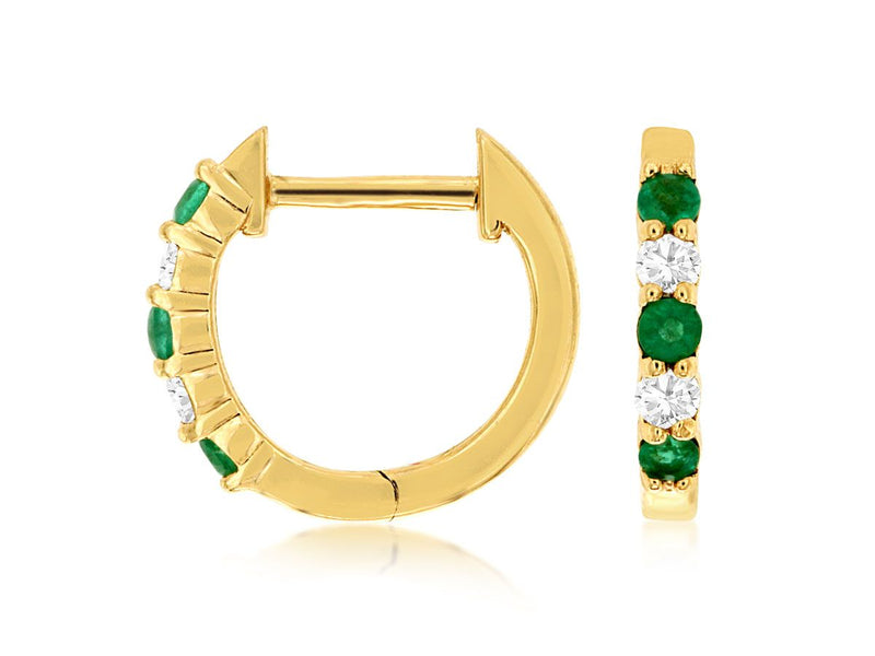 Yellow 14 Karat Gold 0.15 Carats Emerald & 0.10 Carats Diamond Small Hoop Earrings